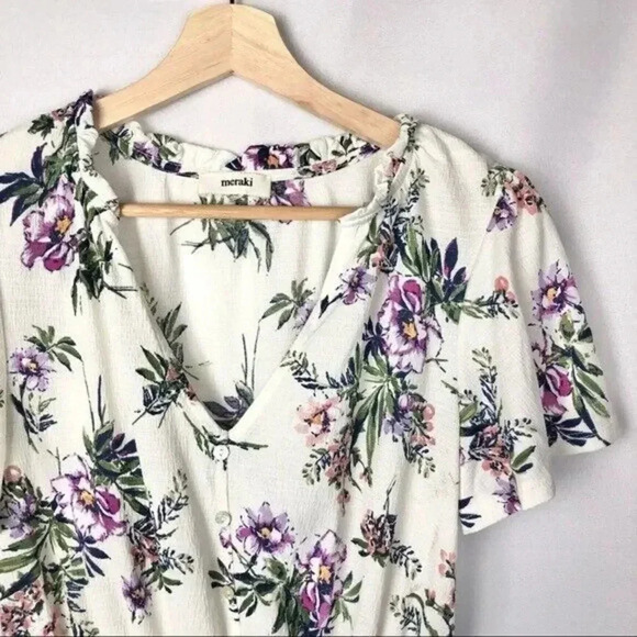 Meraki White Floral V-Neck Elastic Banded Short Sleeve Blouse S - Picture 3 of 4
